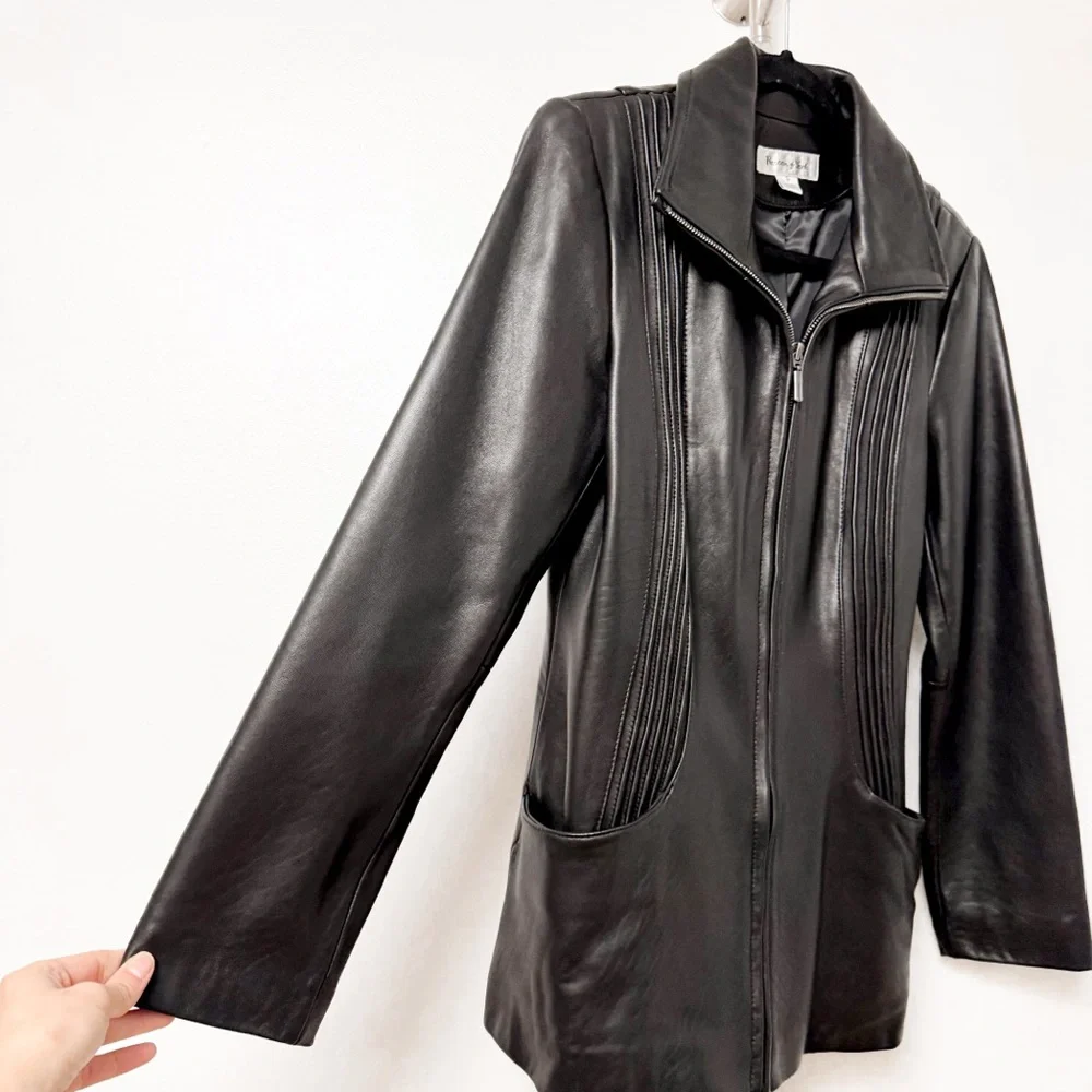 Preston and York Pleated Front‎ Genuine Leather Zip Up Jacket Black Small